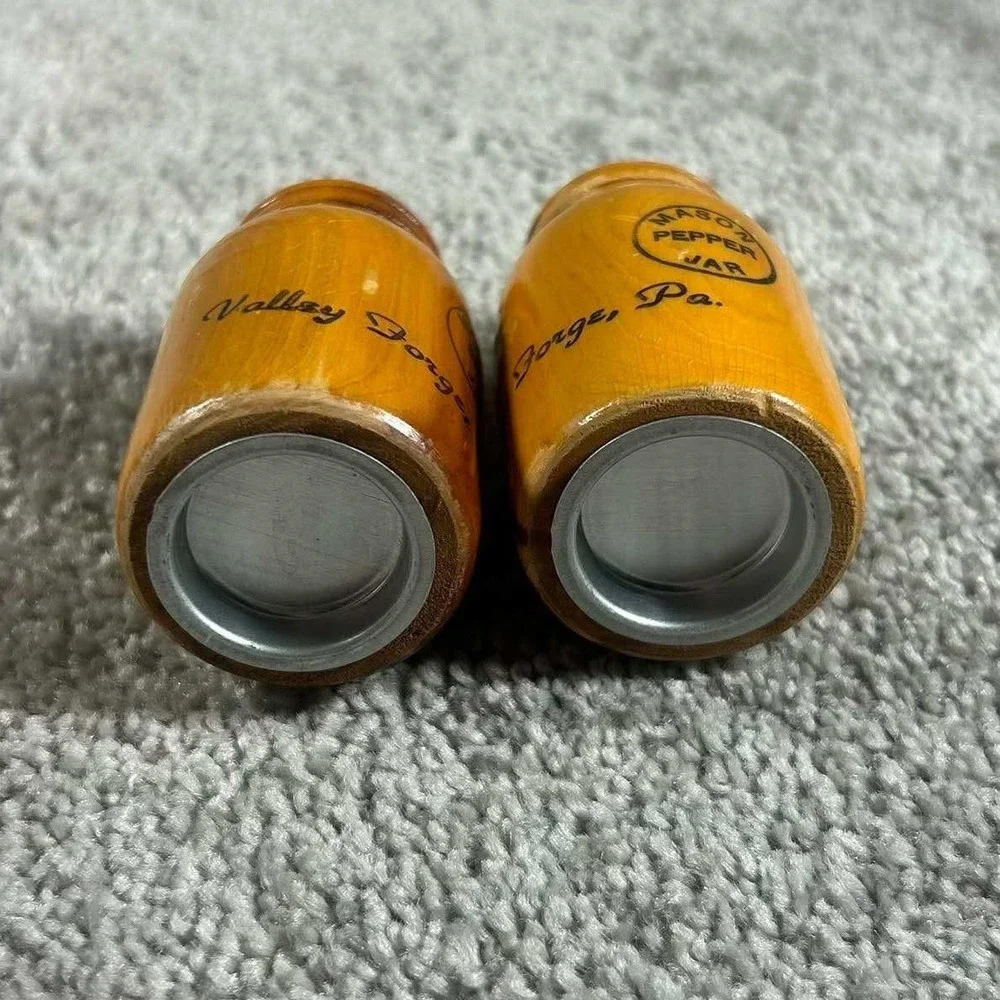 Wooden Salt and Pepper Shakers Brown Mason Jar Valley Forge PA Vintage Set